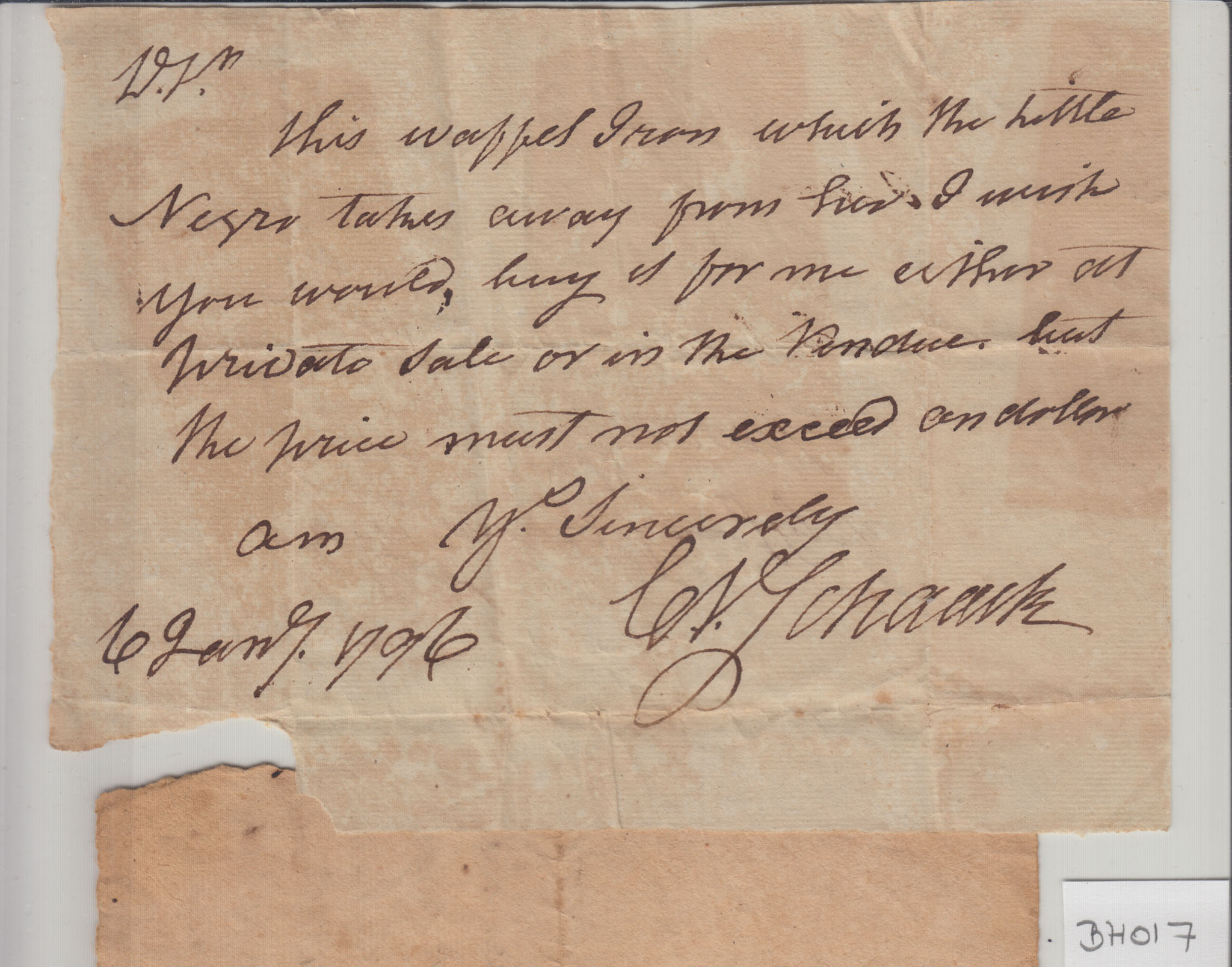 BH017 1796-01-06 Note, C.V. Schaack to Mr. Samuel Van Slyck re Purchase of Waffle Iron